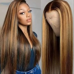 Hair Wig Front Lace – Long Straight Soft Wig – Light Brown with Beige Blonde Highlights – Luxury Natural Look