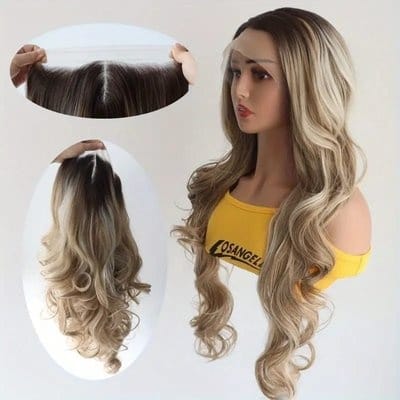 Hair Wig Front Lace – Long Wavy Wig – Light Ash Blonde with Brown Roots – Luxury Modern Look