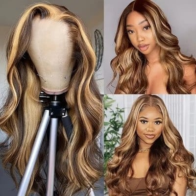 باروكة جذور أمامية (Front Lace) ويفي (مموج) طويلة لون بني مخصل أشقر – مظهر طبيعي أنيق