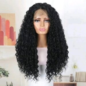 باروكة جذور أمامية (Front Lace) ويفي  كيرلي (مموج) طويل لون أسود – مظهر طبيعي أنيق