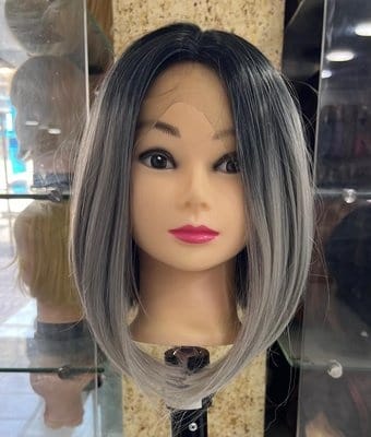Hair Wig Front Lace – Short Straight Soft Wig – Ash Grey with Black Roots – Natural Elegant Look
