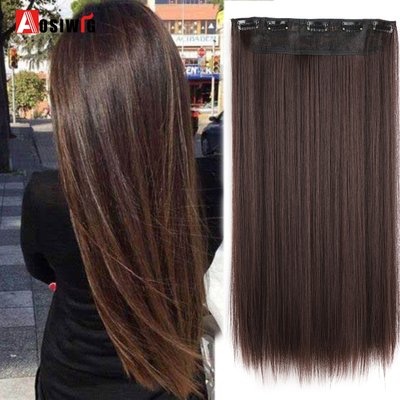 Hair Extension Heat Resistant Straight Clip-In – 5 Clips Medium Brown Hair Piece for Natural Length and Volume