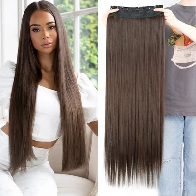 Hair Extension Heat Resistant Straight Clip-In – 5 Clips Medium Brown Hair Piece for Natural Length and Volume