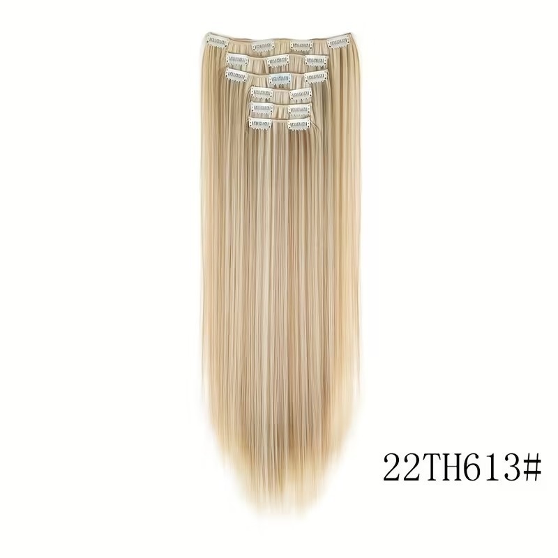 Hair Extension Set (7 Pieces) – 60 cm Straight Hair – Honey Blonde with Platinum Highlights – Heat Resistant Fiber