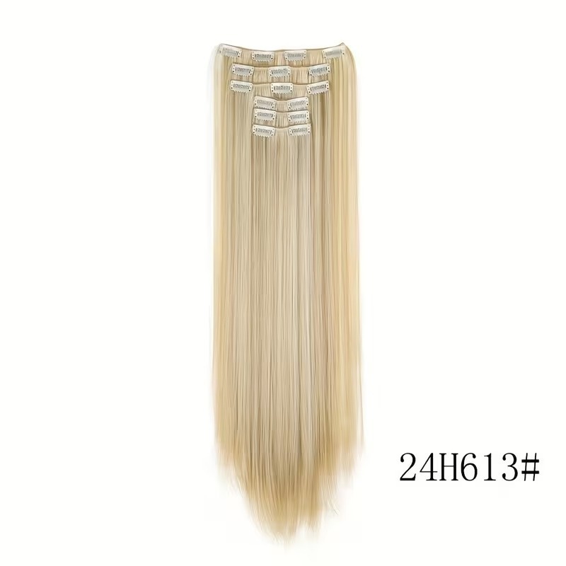 Hair Extension Set (7 Pieces) – 60 cm Straight Hair – Light Blonde with Platinum Highlights – Heat Resistant Fiber