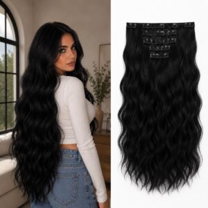 5 لون أسود قطع طقم وصلات شعر حراري - Heat Resistant Hair Extension