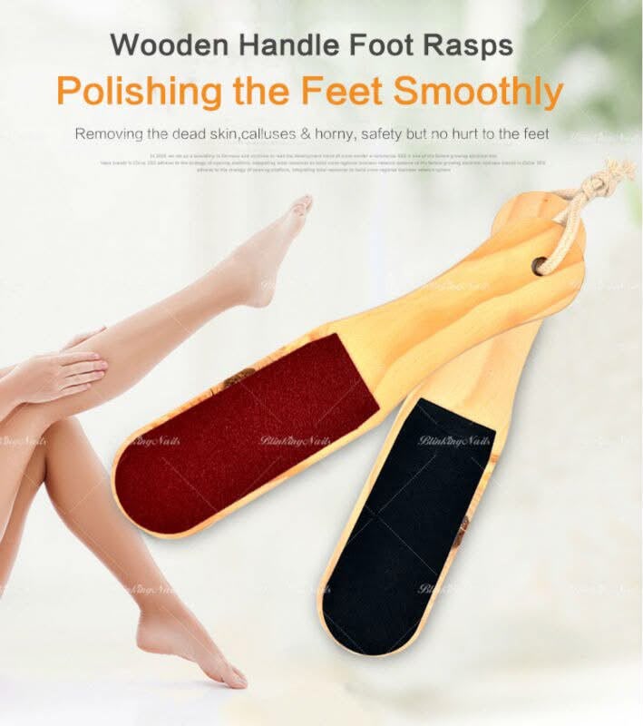 Professional wooden foot file designed to remove dead skin and calluses, smooth rough heels, and leave feet soft and refreshed. Ideal for home and salon use.
