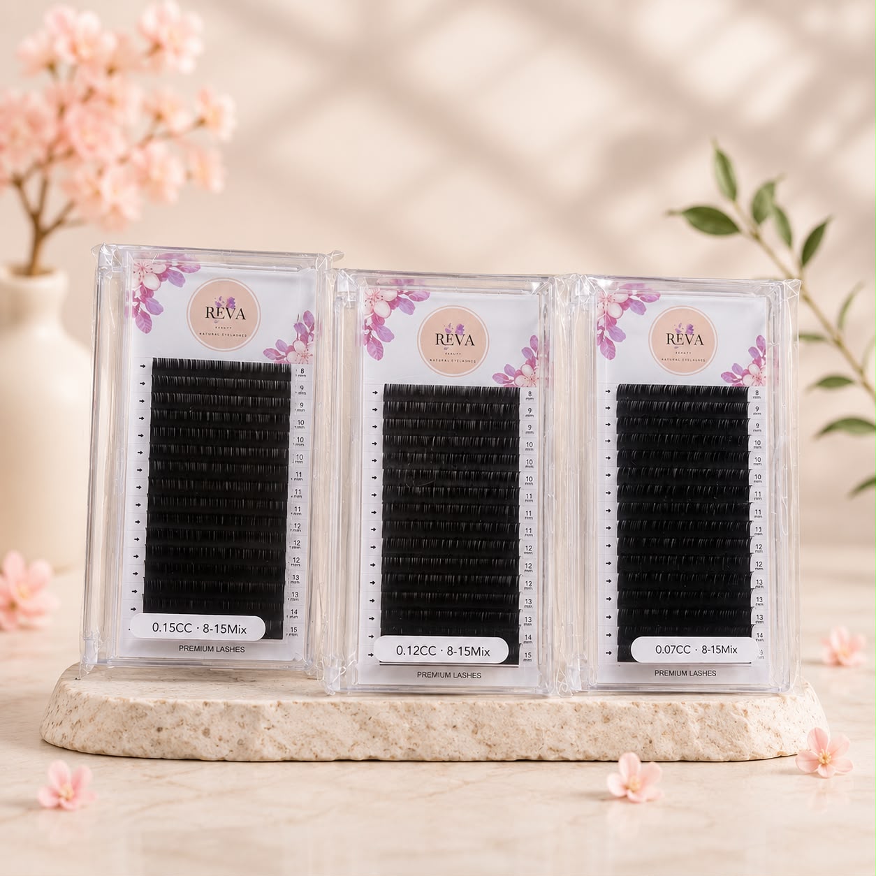 رموش REVA Premium Lashes CC Curl للتركيب الاحترافي، متوفرة بسماكات 0.07 / 0.12 / 0.15 وأطوال ميكس 8-15mm