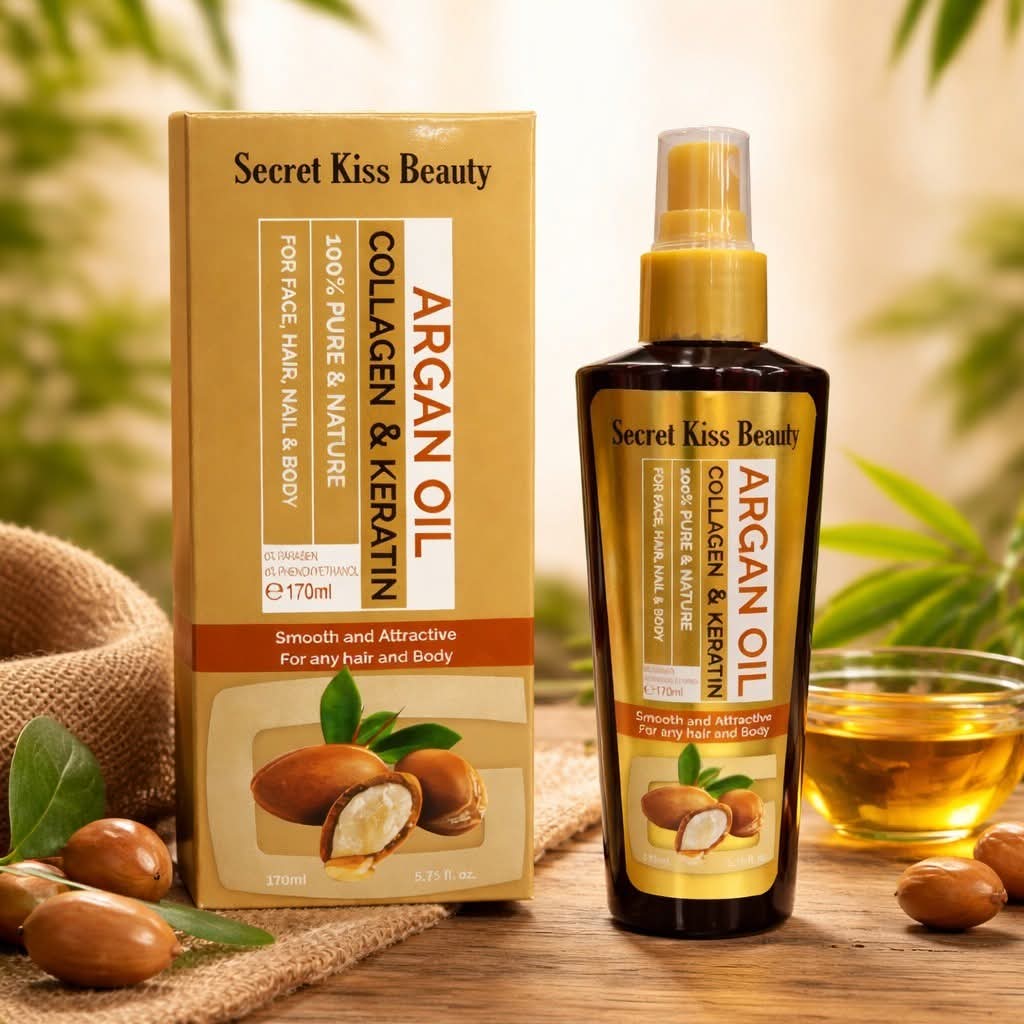Secret Kiss Beauty Argan Oil Collagen & Keratin for Hair, Face & Body – 170ml
