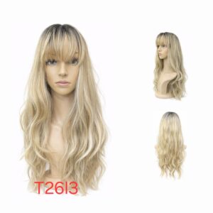 Hair Wig T26I3 – Long Wavy Heat Resistant Wig – Light Blonde Ombre – Soft Texture with Bangs & Natural Look