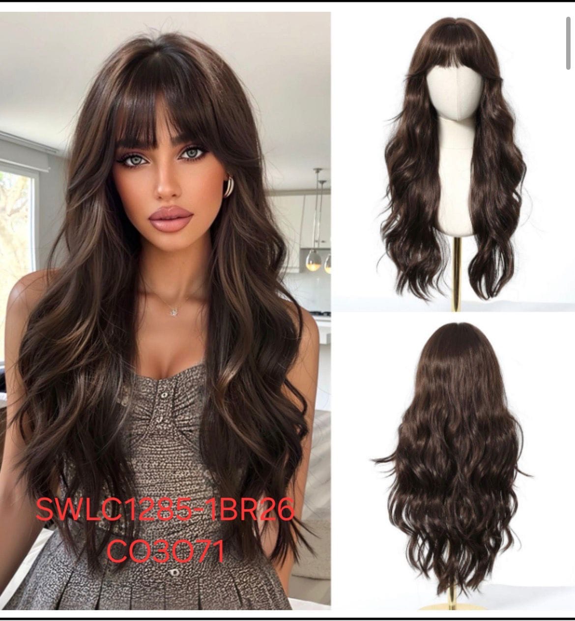 Hair Wig SWLC1285-1BR26-CO3O71 – Long Wavy Heat Resistant Wig – Dark Brown – Soft Texture with Bangs & Natural Look