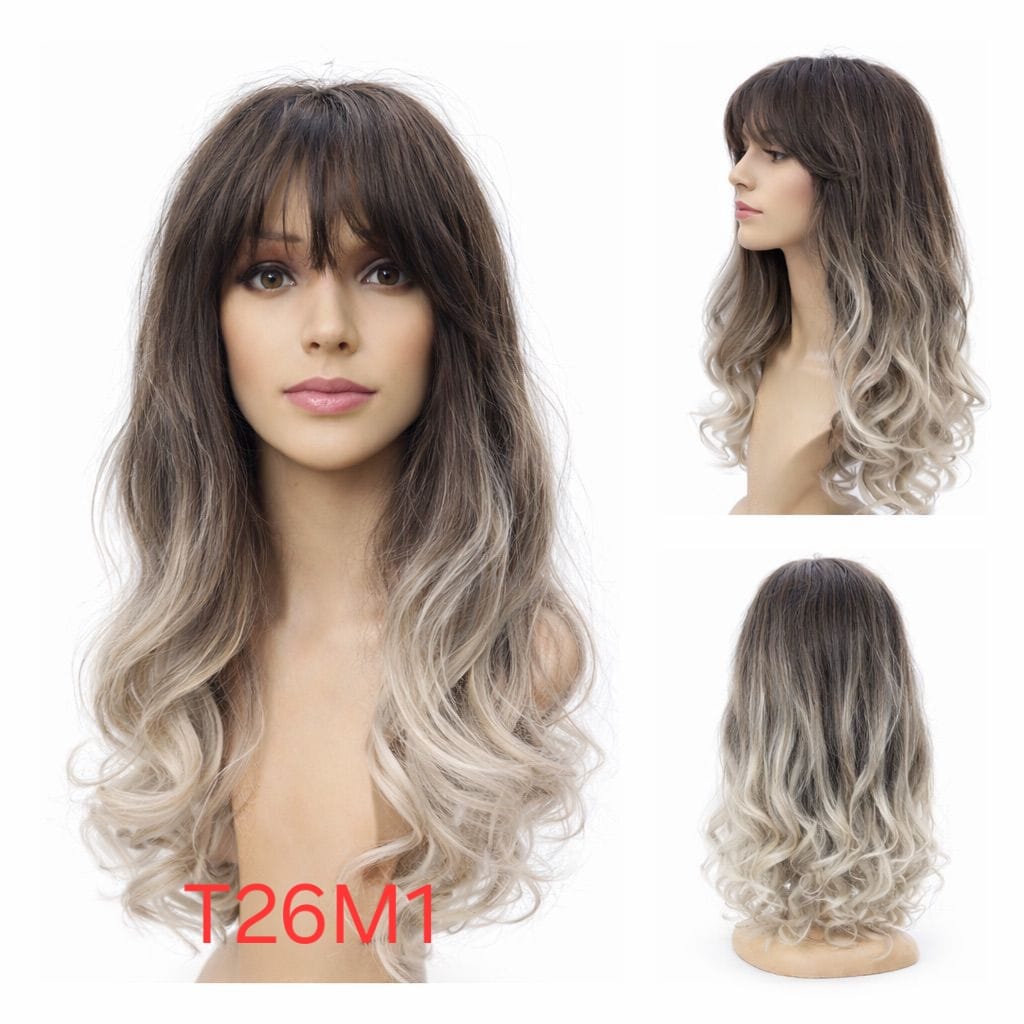 Hair Wig T26M1 – Medium Length Wavy Heat Resistant Wig – Light Ash Blonde Ombre with Dark Roots – Soft Texture with Bangs & Natural Look