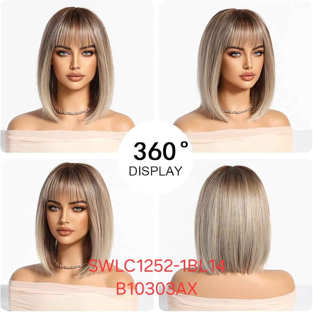 Hair Wig SWLC1252-1BL14-B10303AX – Short Straight Heat Resistant Wig – Light Blonde with Dark Roots – Soft Texture with Bangs & Natural Look