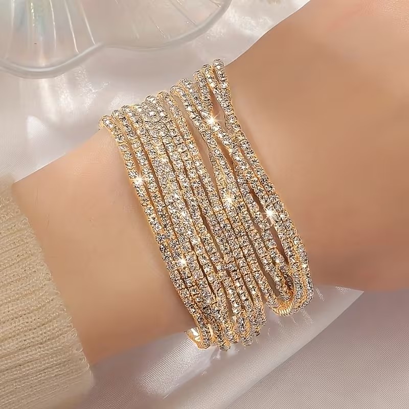 12 Pcs Rhinestone Elastic Bracelet Set – Bridal & Party Wear
