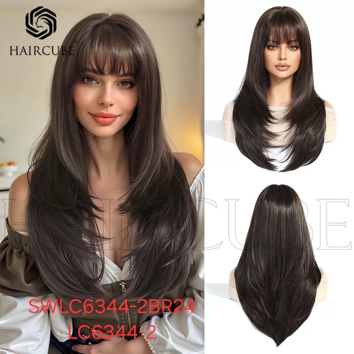 Hair Wig SWLC6344-2BR24-LC6344-2 – Long Heat Resistant Wig with Bangs – Natural Dark Brown – Soft Texture & Natural Look