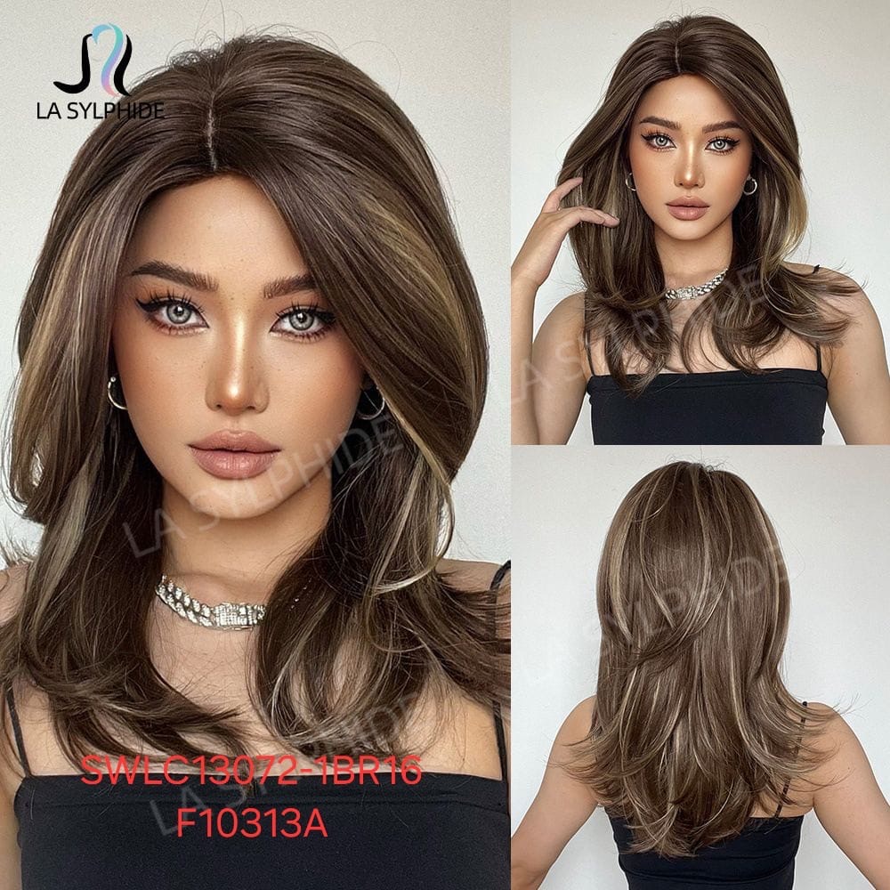 Hair Wig SWLC1303-16HL18-F10313A – Medium Length Heat Resistant Wig – Brown Highlight – Soft Texture & Natural Look