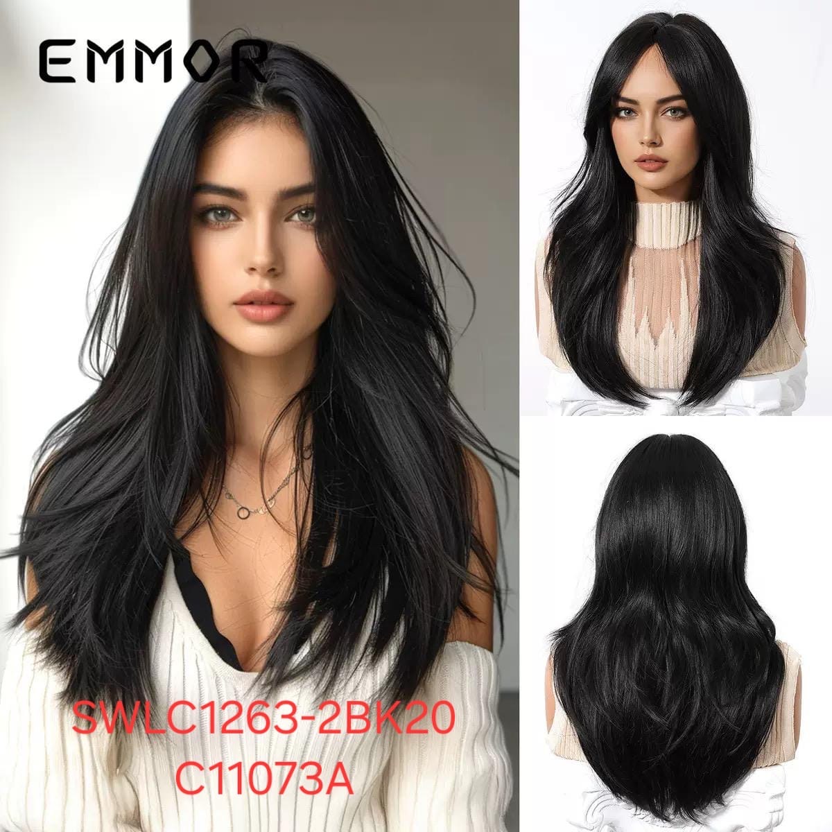 Hair Wig SWLC1263-2BM20-C11073A – Long Straight Heat Resistant Wig – Natural Black – Soft Texture with Long Bangs & Natural Look