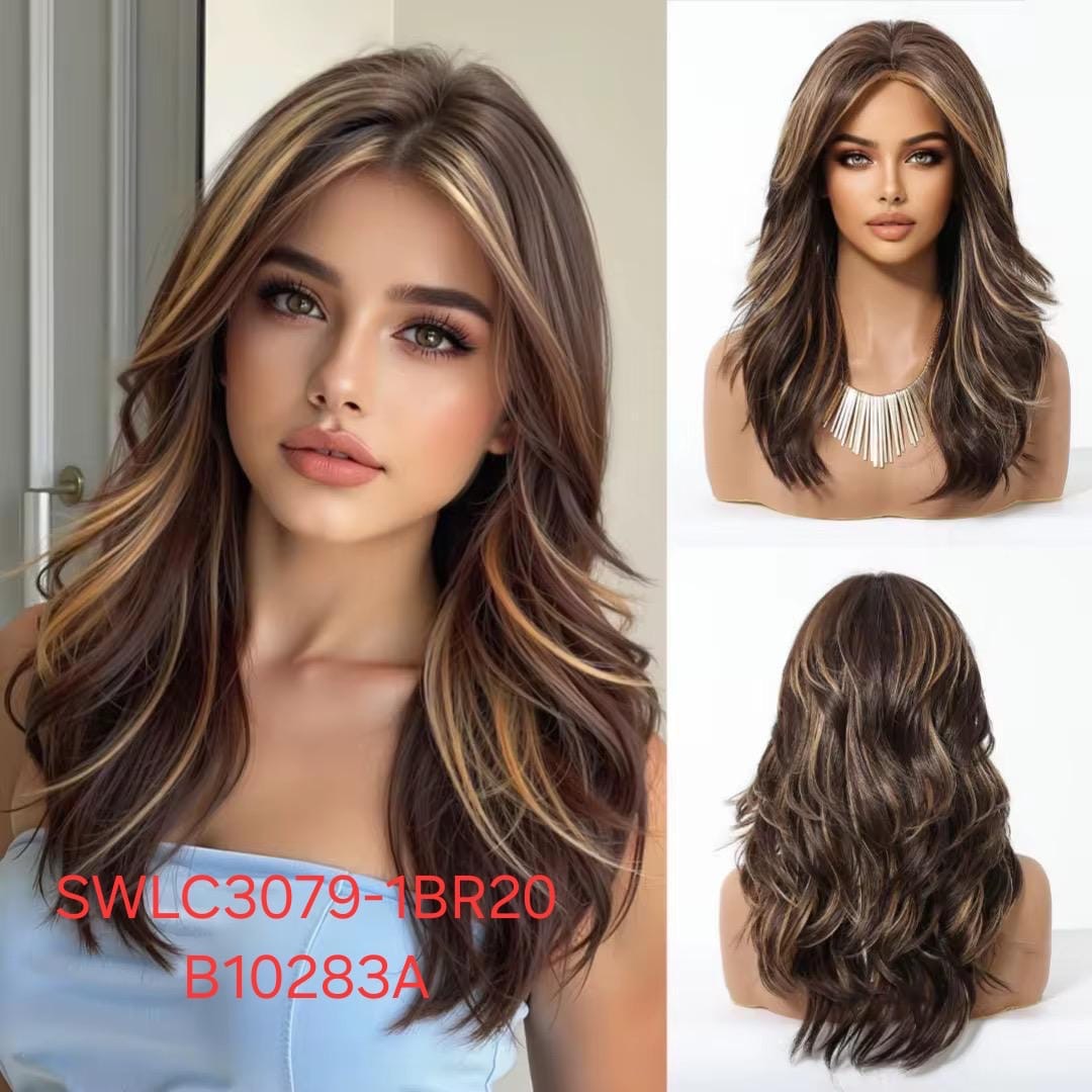 Hair Wig SWLC3079-1BR20-B10283A – Medium Length Heat Resistant Wig – Brown with Highlights – Soft Texture with Long Bangs & Natural Look