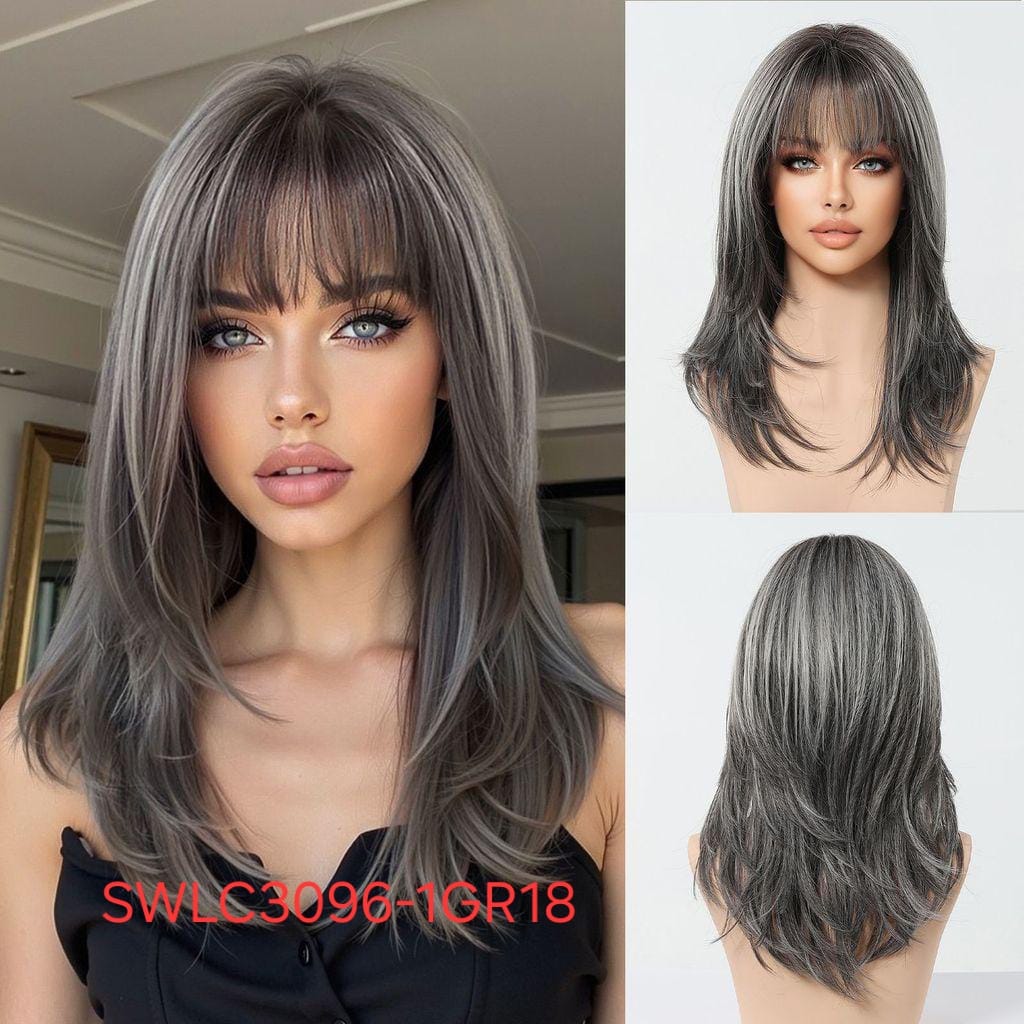 Hair Wig SWLC3096-1GR18 – Medium Length Heat Resistant Wig – Gray – Soft Texture with Bangs & Natural Look