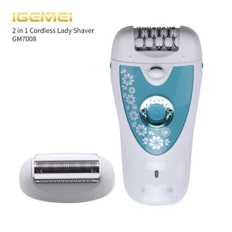 Gemei GM-7008 2-in-1 Rechargeable Epilator & Shaver with Dual Speed, Plucking Head, Shaving Head, and Lithium Battery