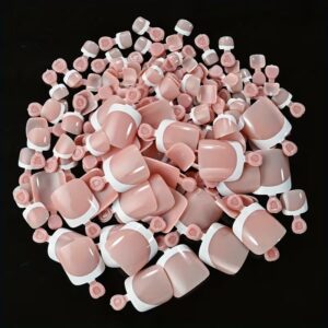 120 Pcs French Press On Toenails – Pink & White Square Full Cover, 12 Sizes