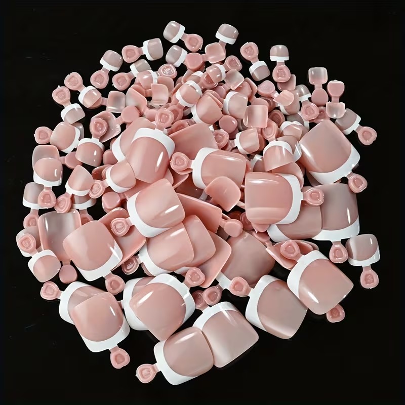 120 Pcs French Press On Toenails – Pink & White Square Full Cover, 12 Sizes