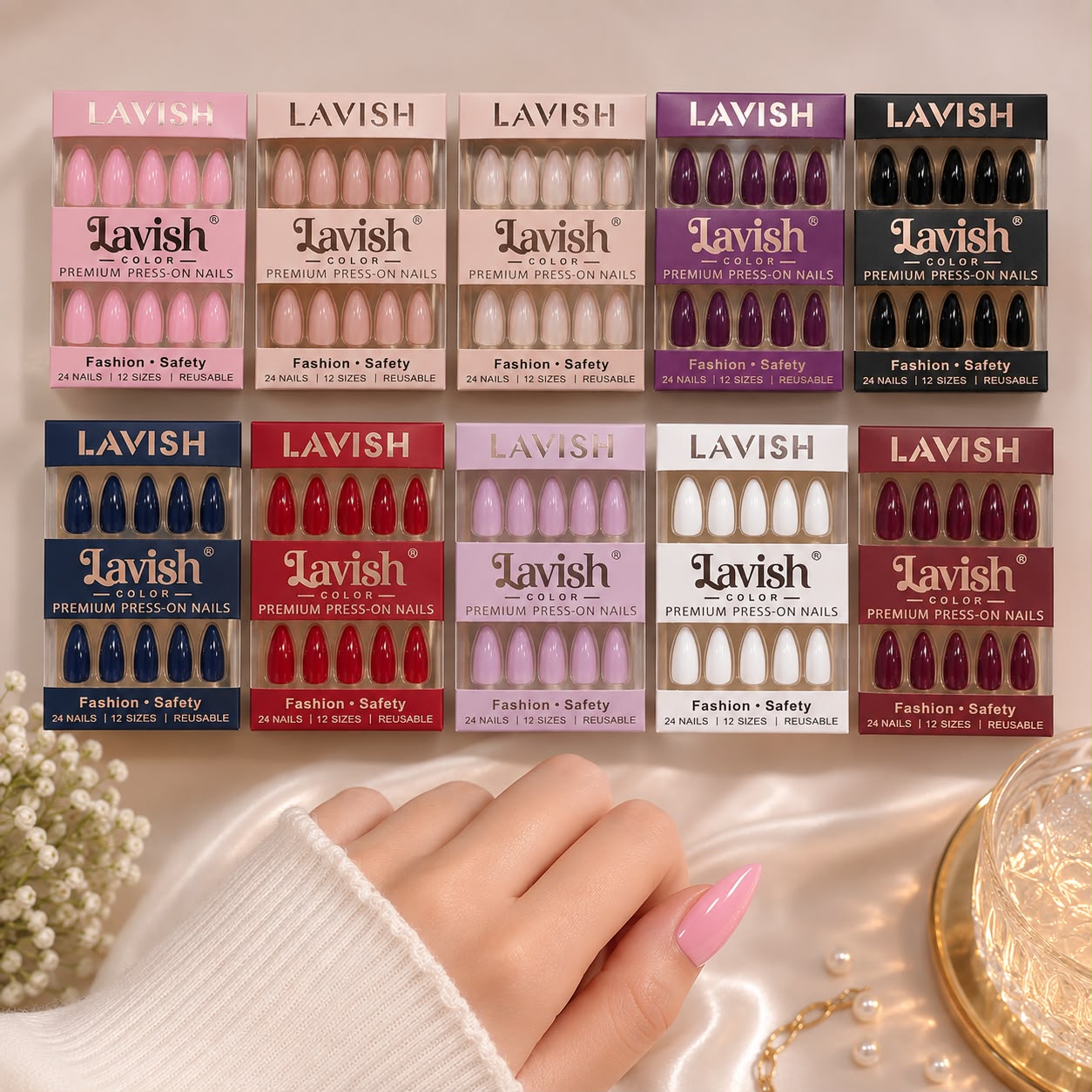 أظافر "لافيش كولور" (Lavish Color) الممتازة التي تُثبَّت بالضغط – 24 ظفراً / 12 مقاساً
