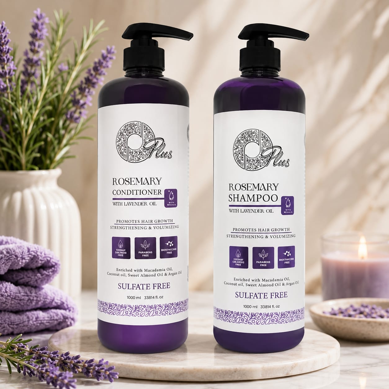 O Plus Rosemary Shampoo & Conditioner with Lavender Oil – 1000 ml شامبو وبلسم "أو بلس" (O Plus) بخلاصة إكليل الجبل وزيت اللافندر – 1000 مل
