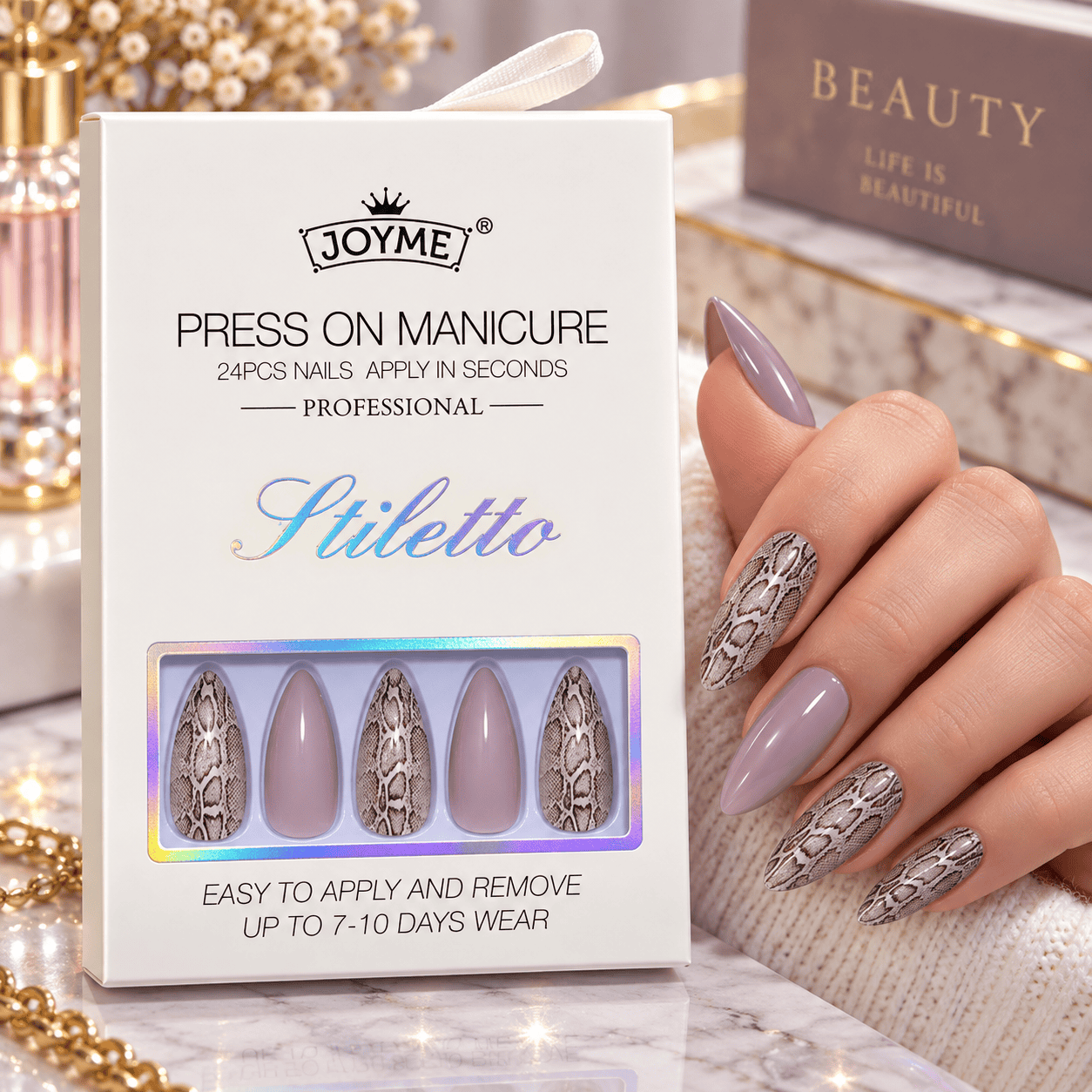 JOYME 24-Piece Pointed Press-On Nails with Snake-Skin Print