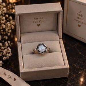 Silver Ring with Round White Opal and Twisted Band