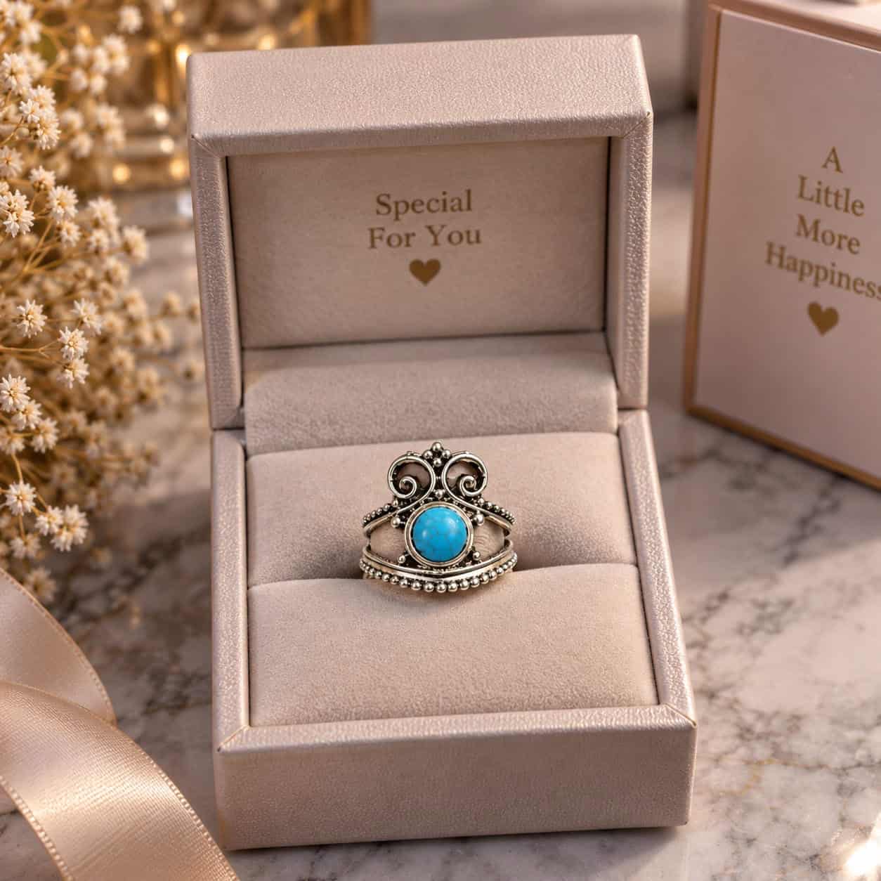 A silver ring with a turquoise stone, swirling details, and a double band.