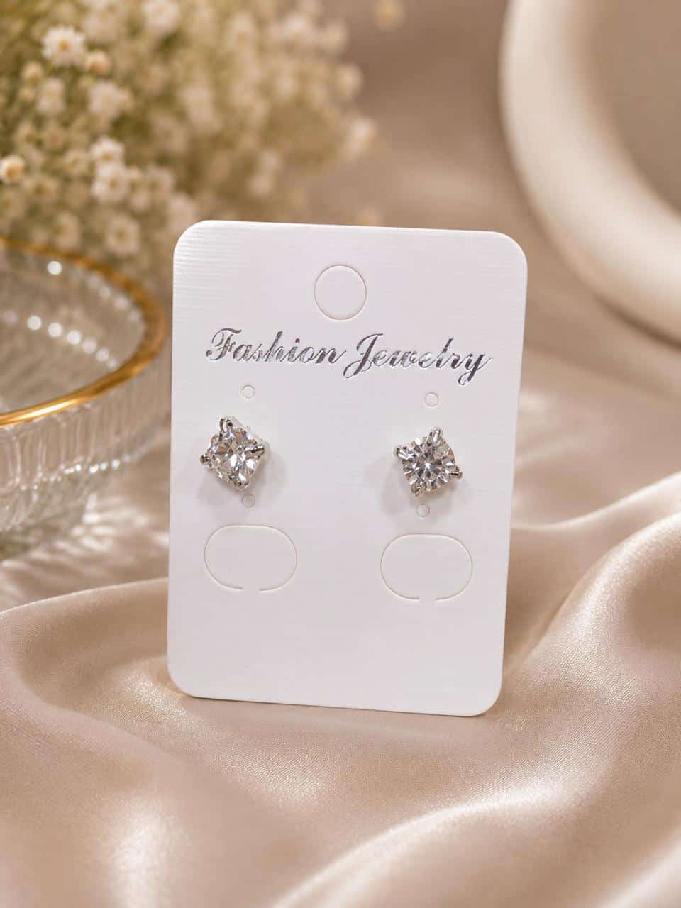 Silver Square Crystal Stud Earrings
