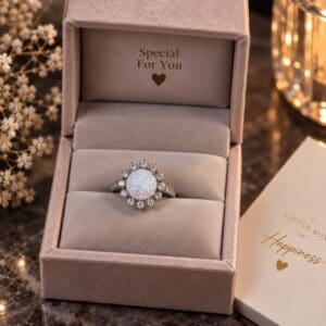 Silver Ring with White Opal Stone and Sparkling Floral Setting