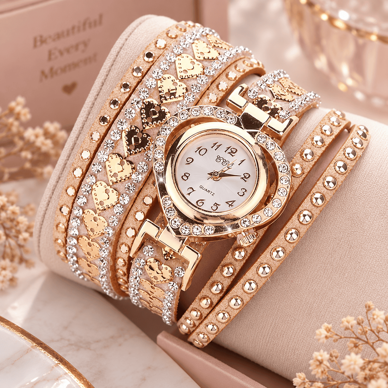 ساعة نسائية سوار ملتف مزينة بالقلوب والكريستال – Elegant Wrap Bracelet Watch
