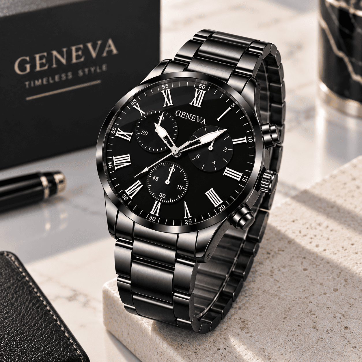 ساعة جنيف رجالية سوداء فاخرة بأرقام رومانية – GENEVA Luxury Black Men’s Watch
