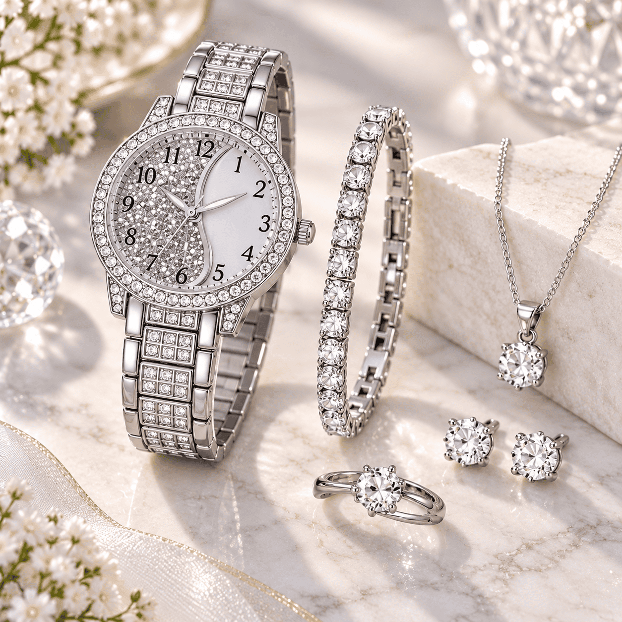 طقم إكسسوارات نسائي فضي فاخر 5 قطع مع ساعة – Silver Luxury Jewelry & Watch Set
