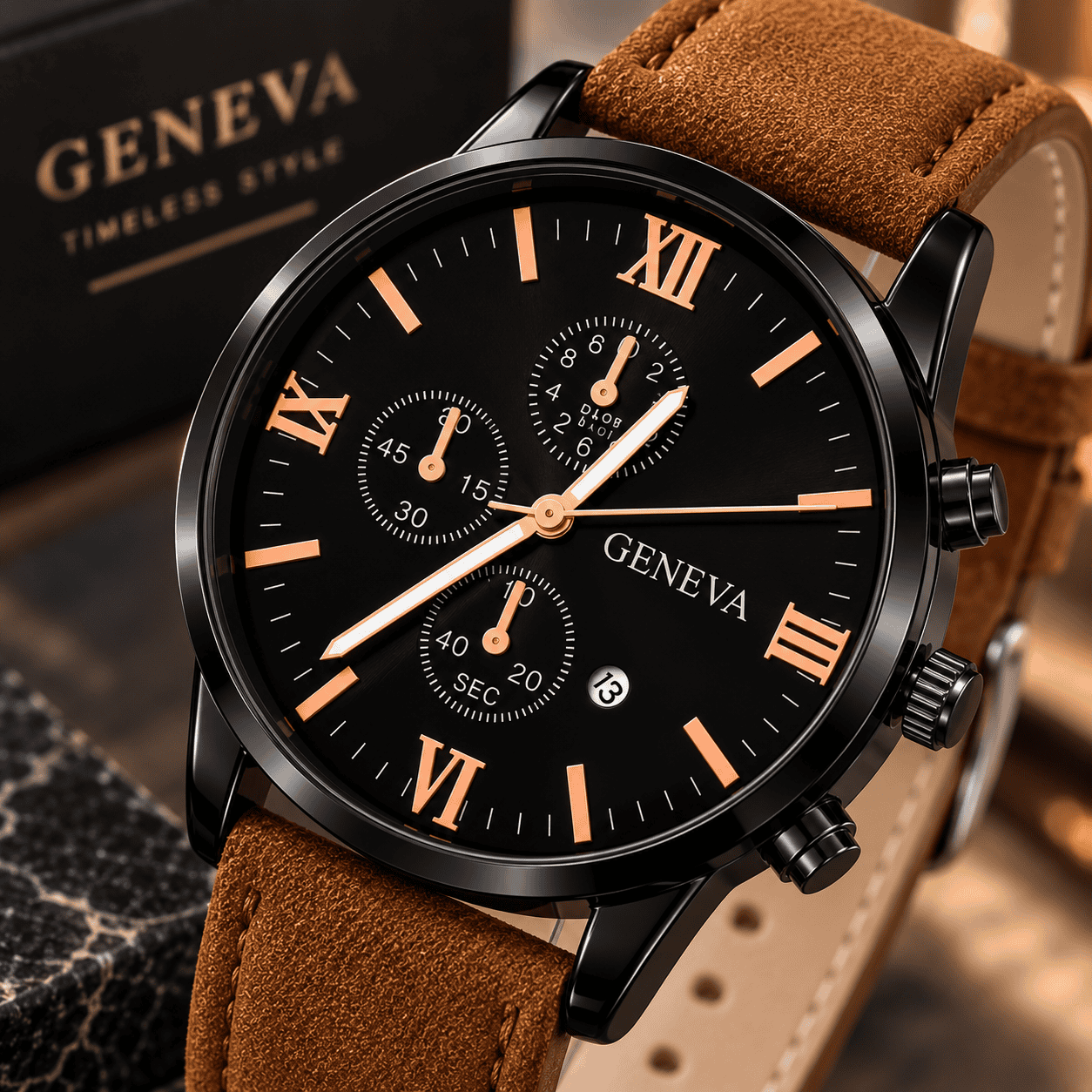 ساعة جنيف رجالية كلاسيكية بسوار بني وواجهة سوداء – GENEVA Classic Men’s Watch