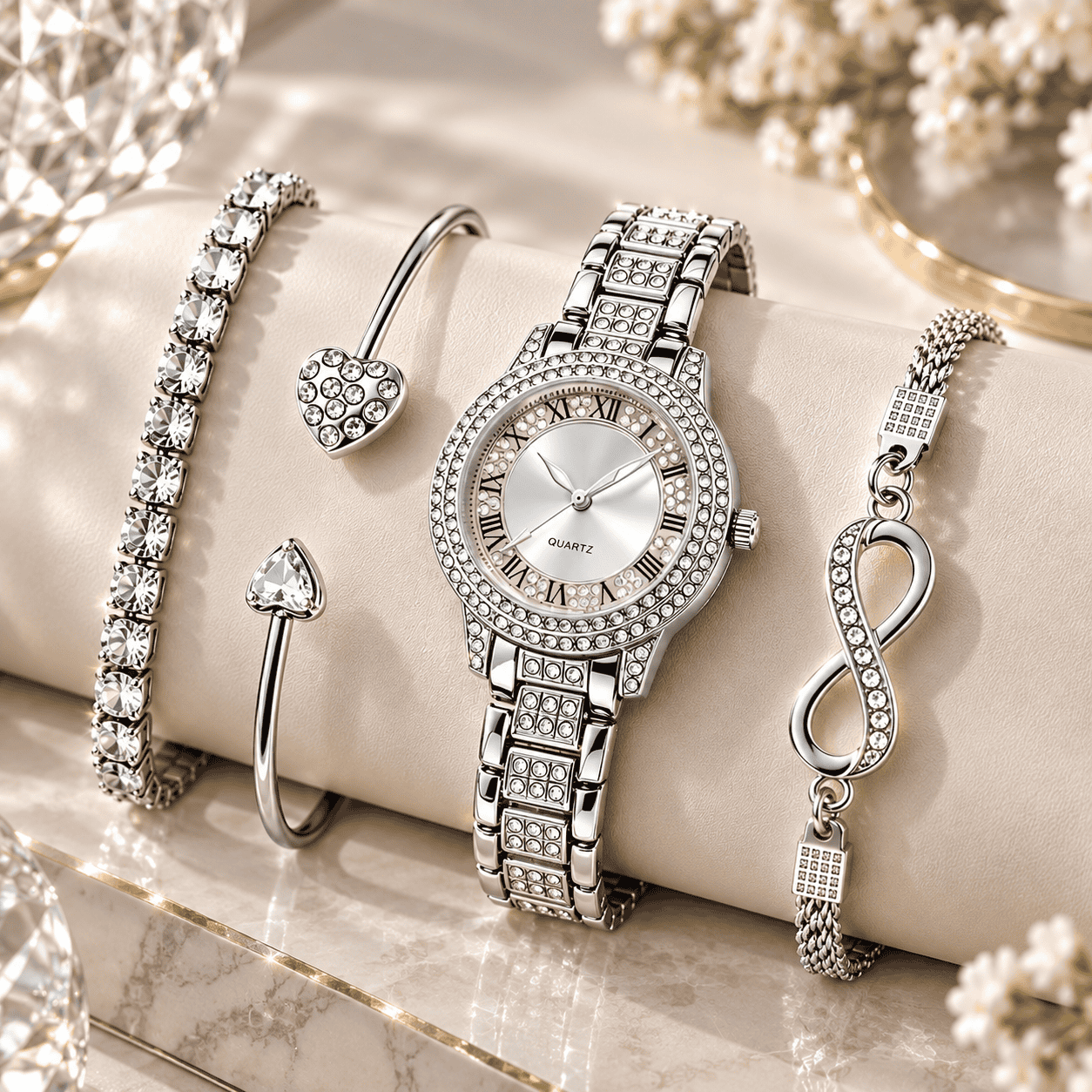 ساعة نسائية فضية فاخرة مرصعة بالكريستال – Elegant Crystal Quartz Watch