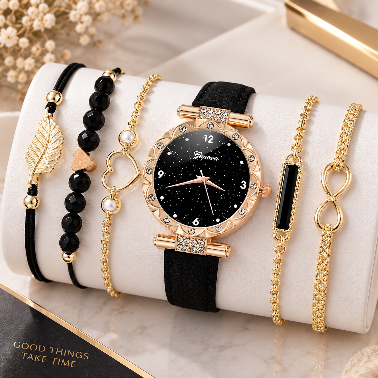 Women's black and gold watch and bracelet set featuring diverse and elegant designs.