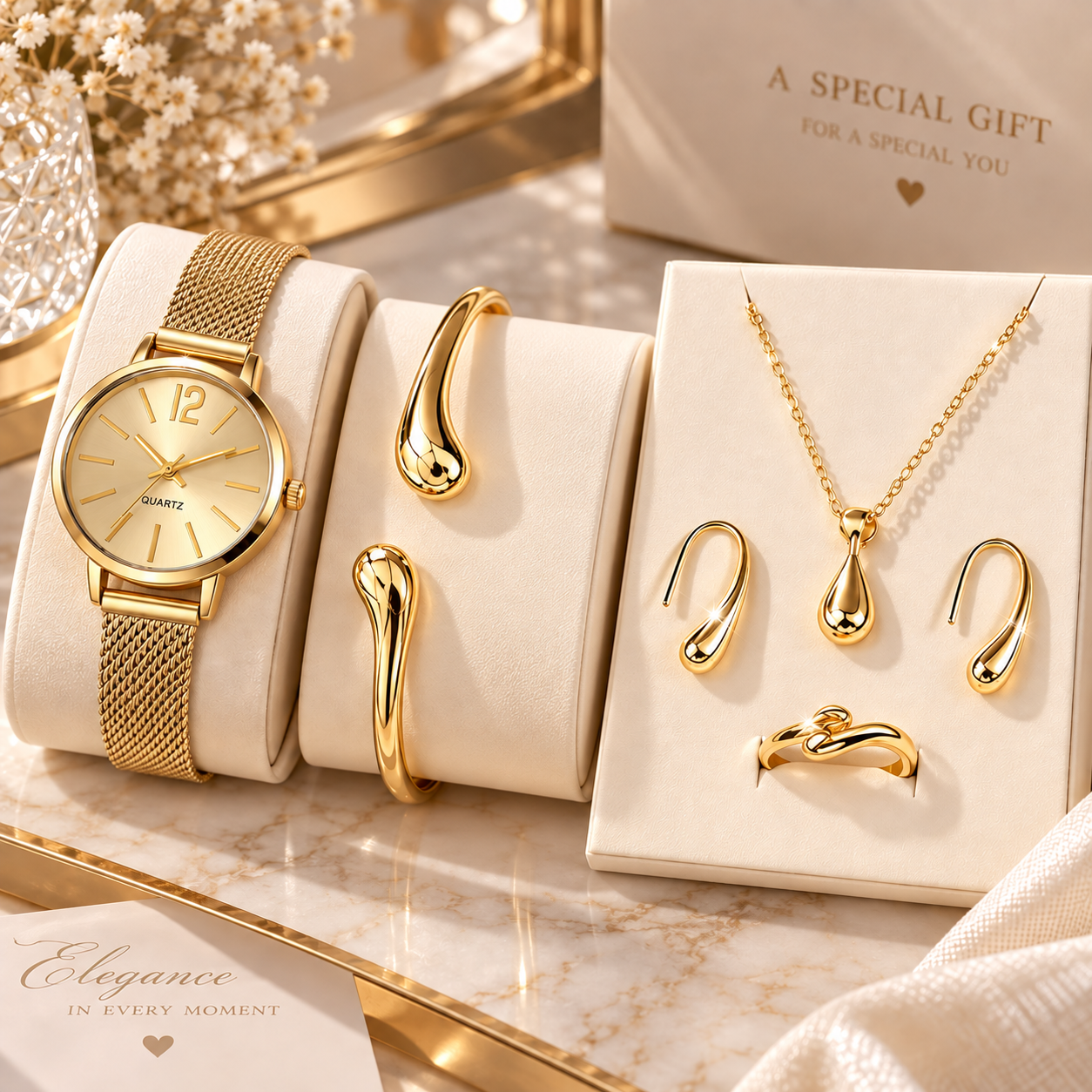 Luxurious gold women's accessory set with a teardrop design – watch, necklace, bracelet, earrings, and ring.