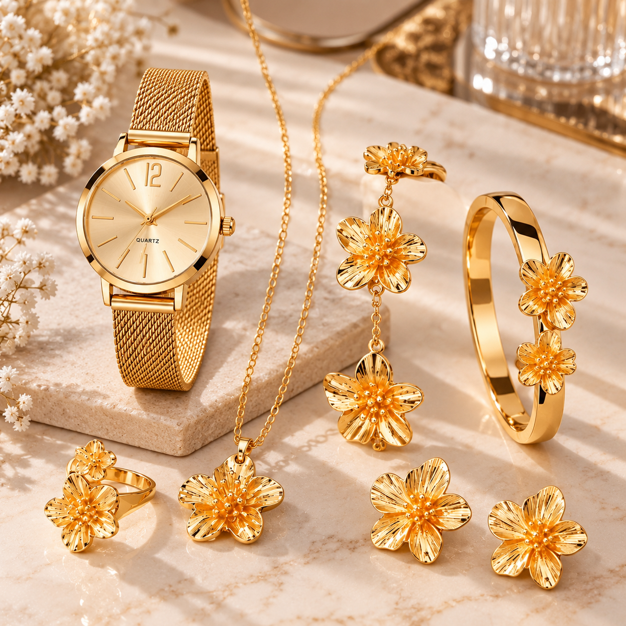 Luxurious gold women's accessory set featuring a floral design and a wristwatch.