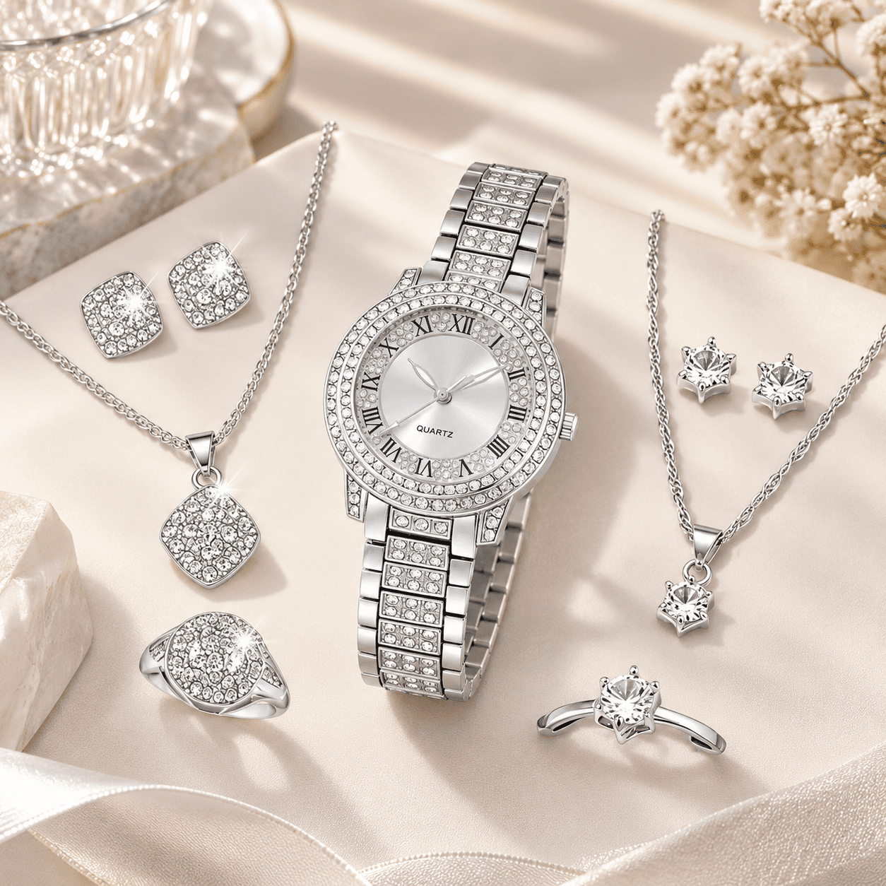 Luxury Women's Jewelry Set with Watch – Silver, Embellished with Sparkling Stones