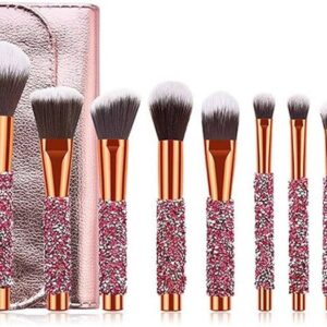 مجموعة فرش مكياج احترافية مرصعة بالكريستال – 10 قطع مع حقيبة Rose Gold