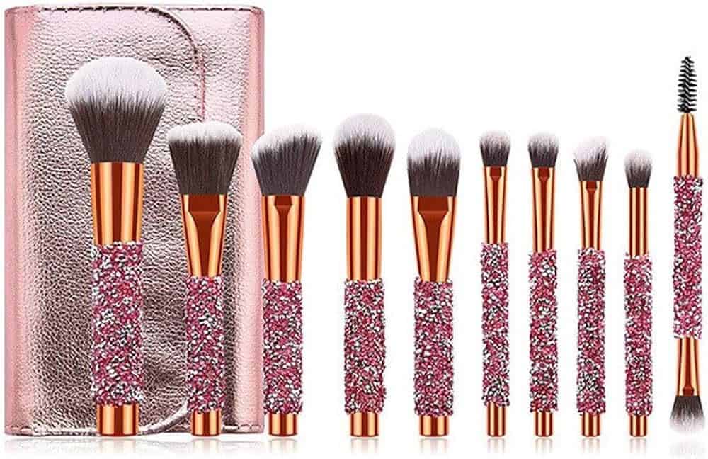 مجموعة فرش مكياج احترافية مرصعة بالكريستال – 10 قطع مع حقيبة Rose Gold