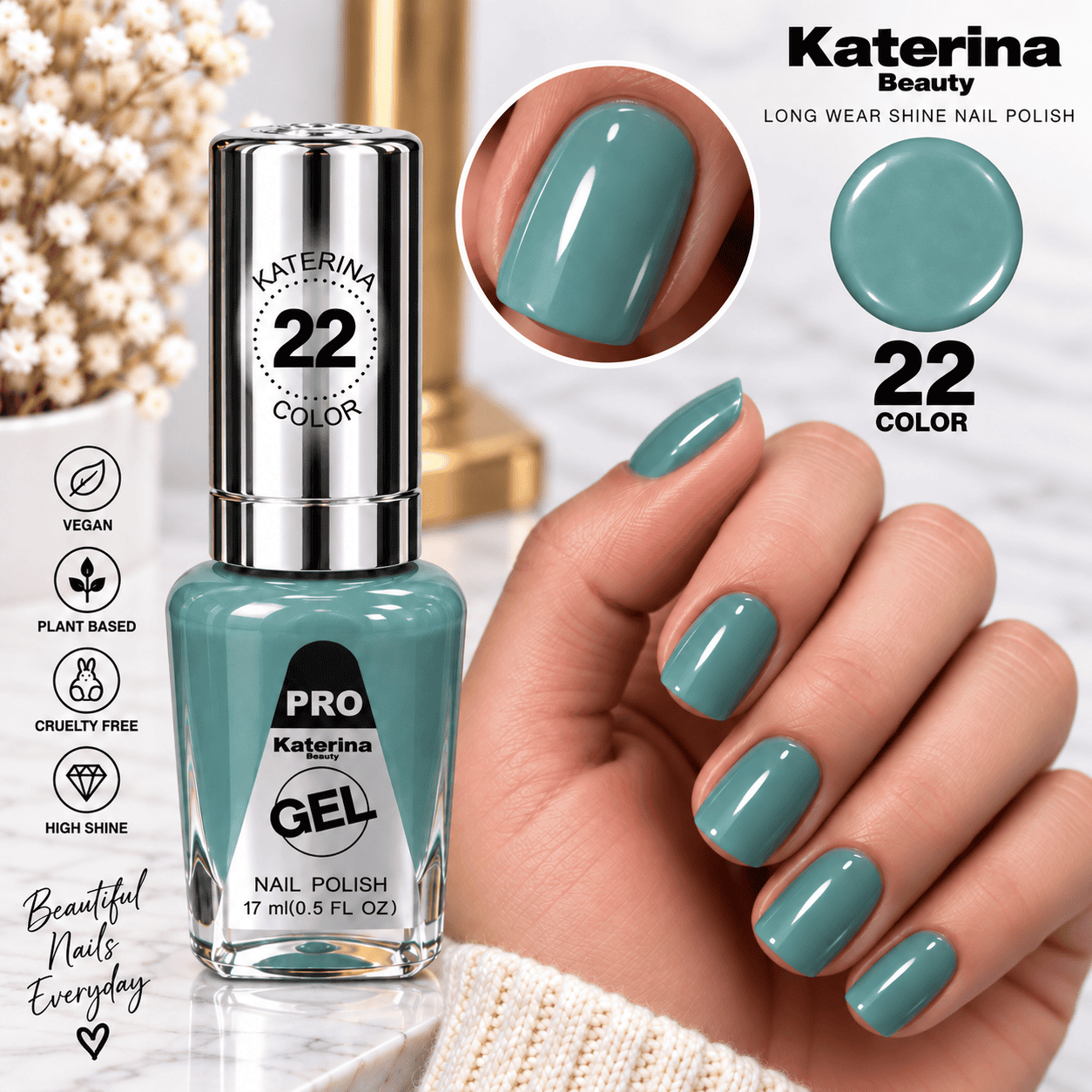 مناكير بلمعة الجل Katerina Beauty Miracle Gel - رقم 22 أخضر فيروزي هادئ