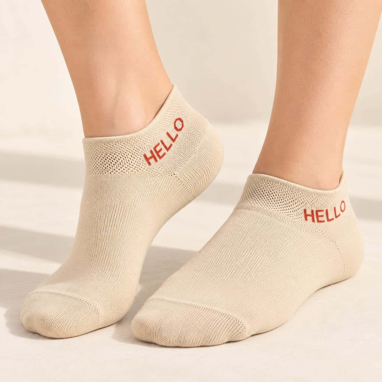 Beige Short Socks with “HELLO” Text