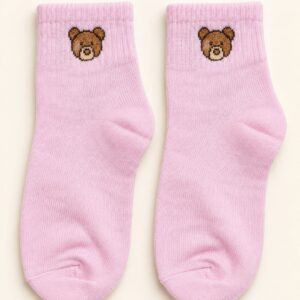 Short socks with teddy bear embroidery - light pink