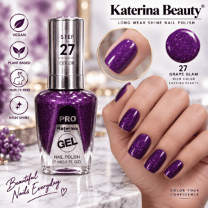 مناكير بلمعة الجل Katerina Beauty Miracle Gel - رقم 27 بنفسجي غامق بلمعة غليتر Grape Glam