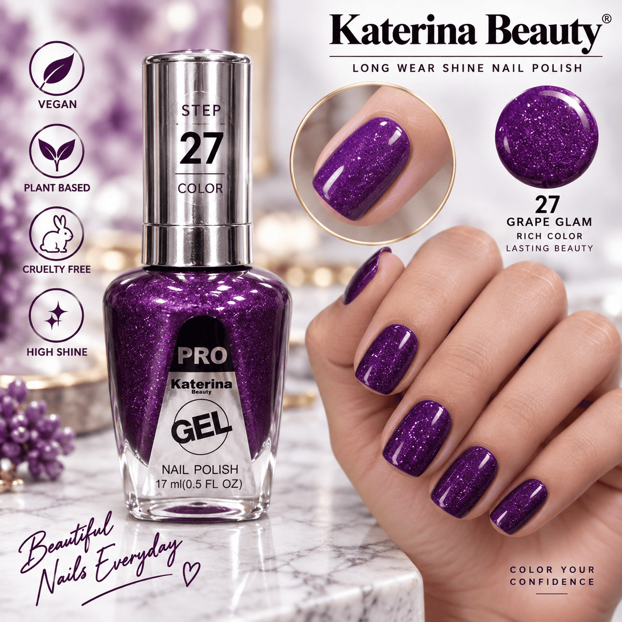 مناكير بلمعة الجل Katerina Beauty Miracle Gel - رقم 27 بنفسجي غامق بلمعة غليتر Grape Glam