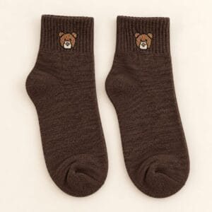 Short socks with bear embroidery - dark brown